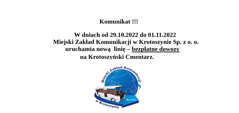 Bezpłatne dowozy na  Krotoszyński Cmentarz w dniach od 29.10.2022 do 01.11.2022